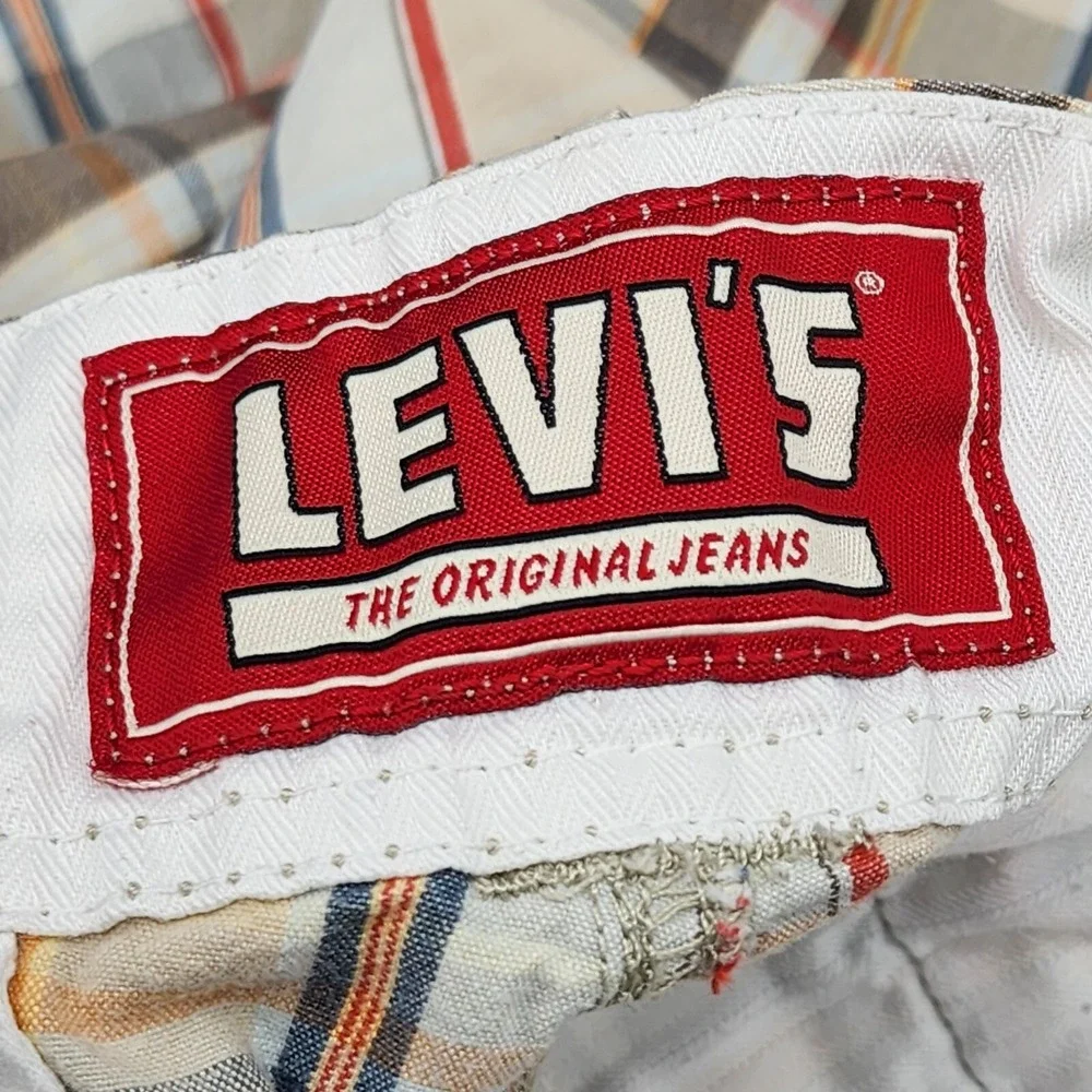 Levis Mens W 36 Seaside Flat Front Shorts White Blue Brown Check‎ Cotton EUC